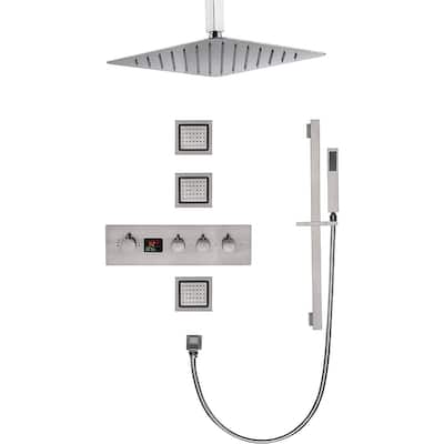 16" Rainfall 3 Way Thermostatic Shower Faucet Set w/ Body Jets, Slide Bar - Brushed Nickel - Brushed Nickel