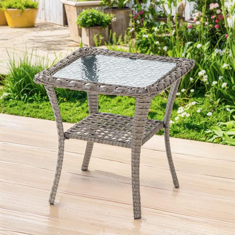 Outdoor Coffee Table/ Side Table with UV-Resistant PE Wicker - Side Table - Grey