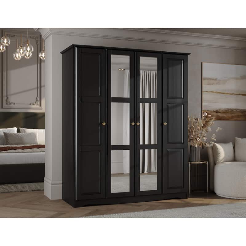 100% Solid Wood Regal 4-Door Wardrobe Armoire by Palace Imports - Black-Mirrored Doors-Metal Knobs