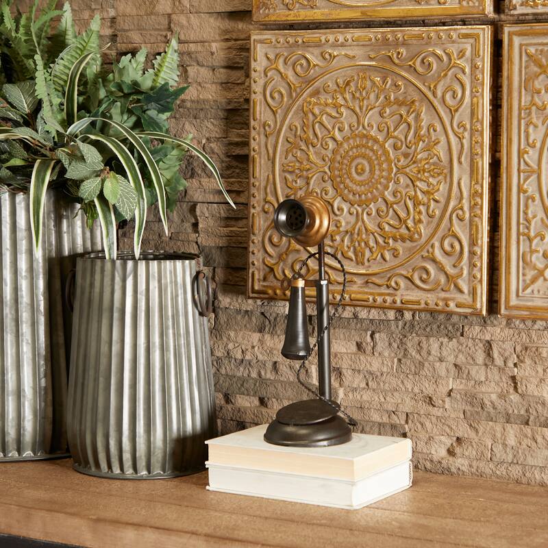 Black Metal Decorative Vintage Style Telephone Decorative Sculpture with Tiered Base and Coil Wire Detailing - Black