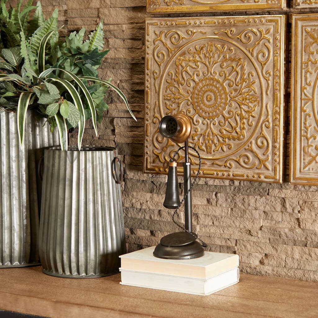 Black Metal Decorative Vintage Style Telephone Decorative Sculpture with Tiered Base and Coil Wire Detailing