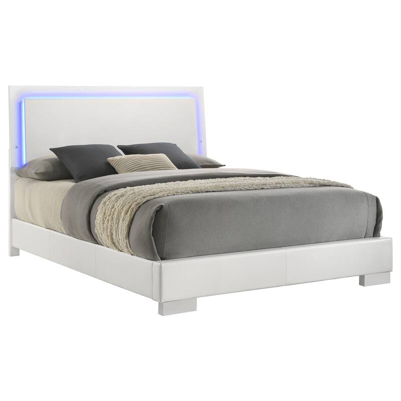Queen Size Wood Panel Bed with LED Lighting and Slatted Design