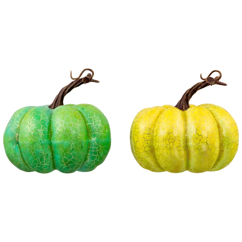 2 Green Gold Crackle Fall Harvest Tabletop Thanksgiving Pumpkins, 5"