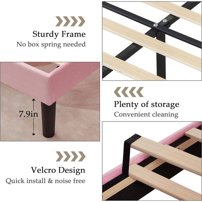 VECELO Pink Velvet Upholstered Bed Frame with Adjustable Headboard No Box Spring Needed Under Bed Storage Platform Bed