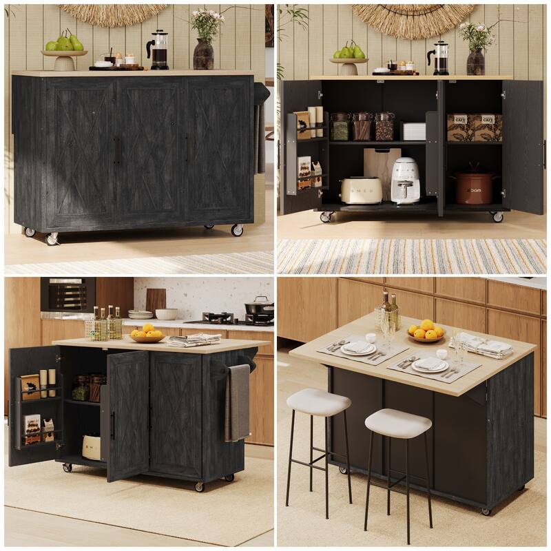 Kitchen Island with Drop Leaf and Towel Rack