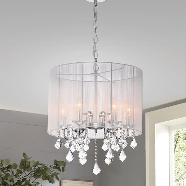 CHANDELIER SILVER 6 LIGHT WITH WHITE SHADES AND GLASS CRYSTALS