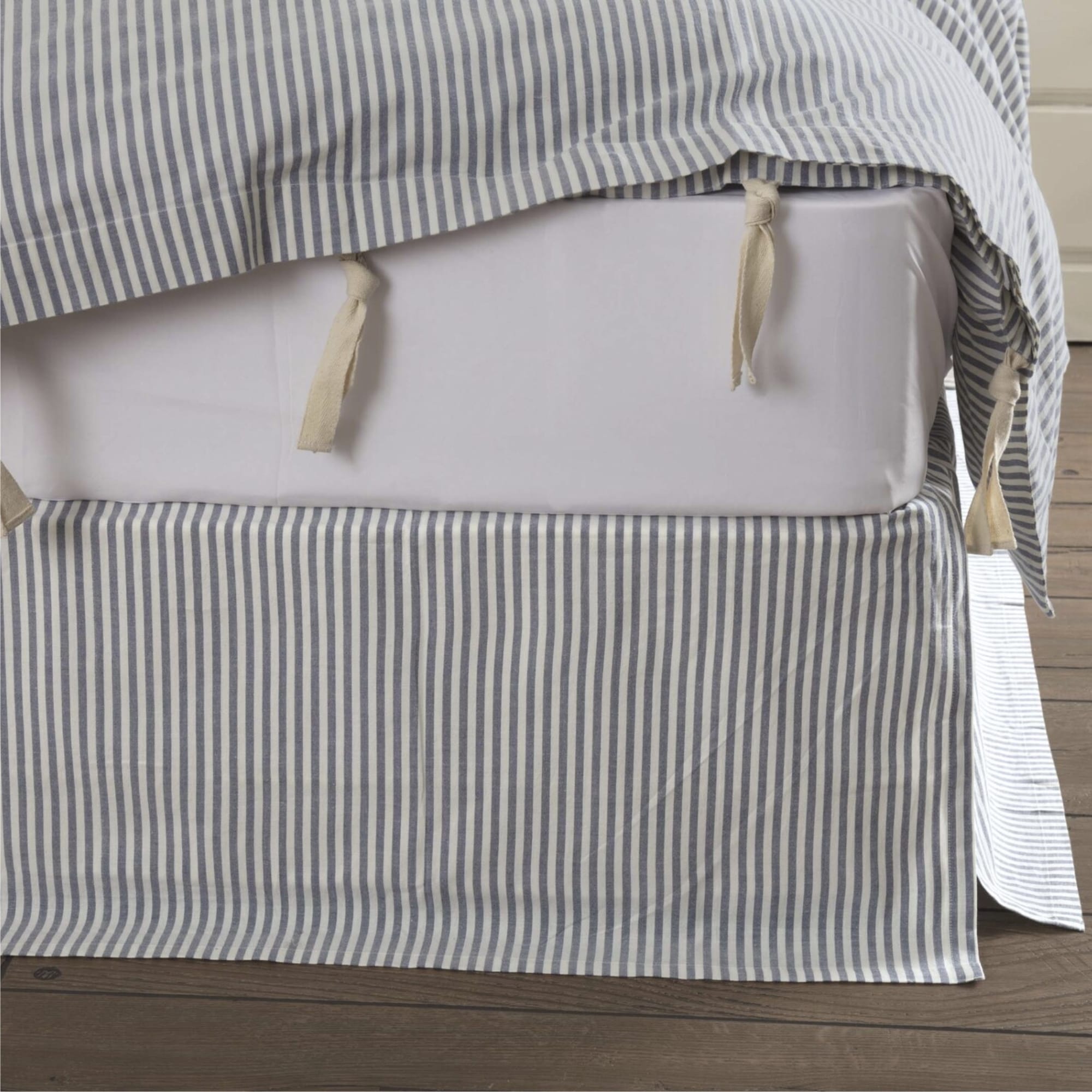 Farmhouse Ticking Blue King Bed Skirt