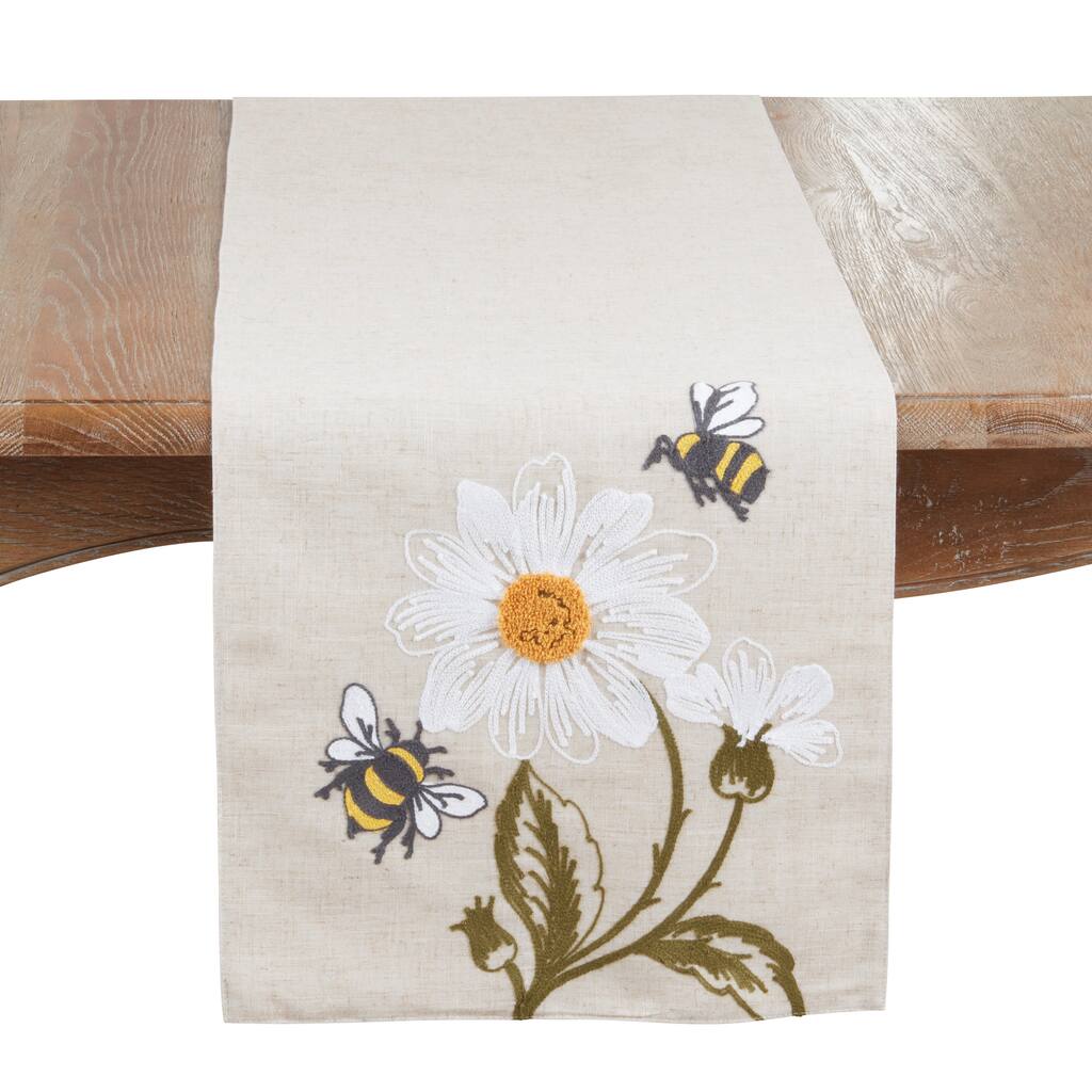 Bee Floral Linen Blend Table Runner - Decorative Botanical Accent for Dining Tables, Consoles & Buffets, 16"x70"
