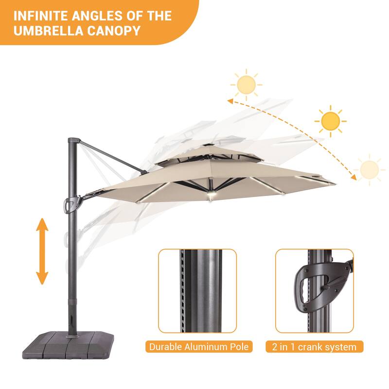 LIVOOSUN 11Ft LED Patio Hanging Octagon Cantilever Umbrella with 360-degree Rotating Canopy