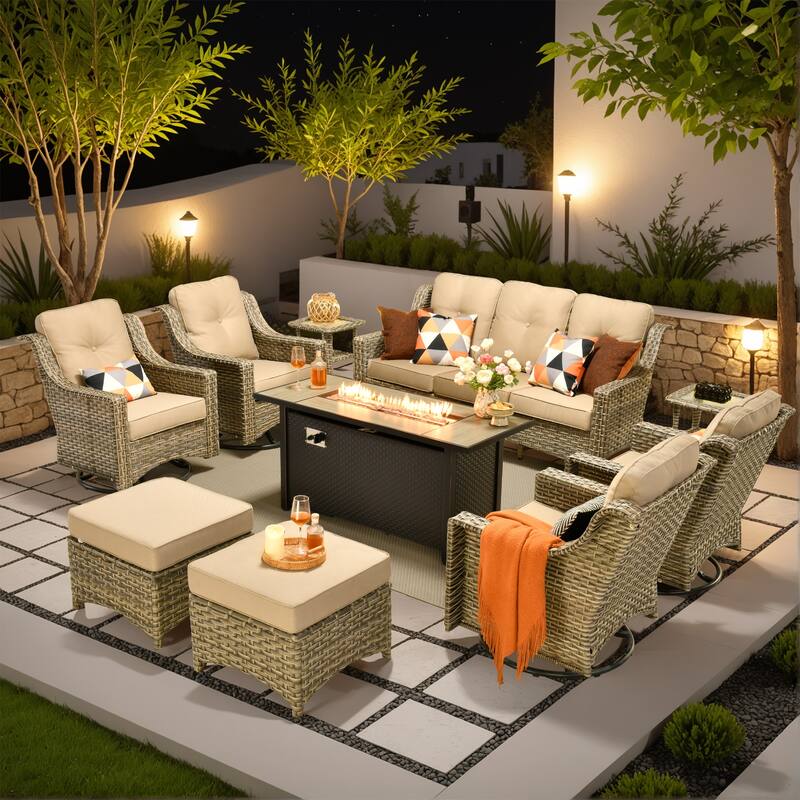 OVIOS 10-piece Patio Wicker Swivel Rocking Chair Set With Fire Pit - Beige