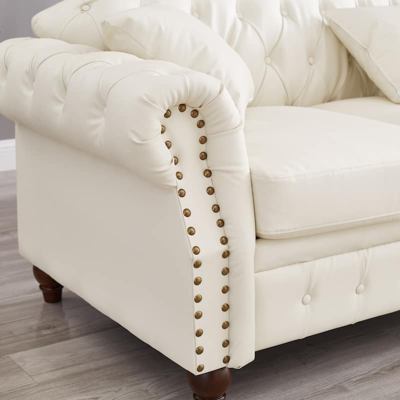 Chesterfield Sofa Classic Tufted Technical Leather Lounge Couch with Hidden Storage, Nailhead Trim and Pillows, for Living Room
