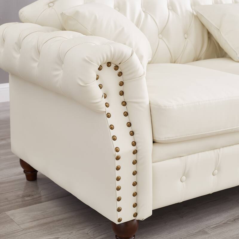 Faux Leather Upholstered Sofa with Storage, Chesterfield Tufted 3 Seater Sofa, Sofa Chair with Rolled Arms & Solid Wood Legs