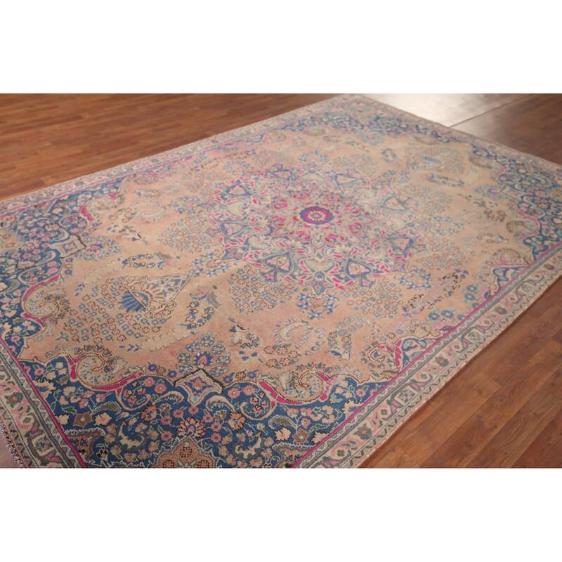 Mashad Persian Vintage Area Rug Handmade Wool Carpet - 6'7"x 9'11"
