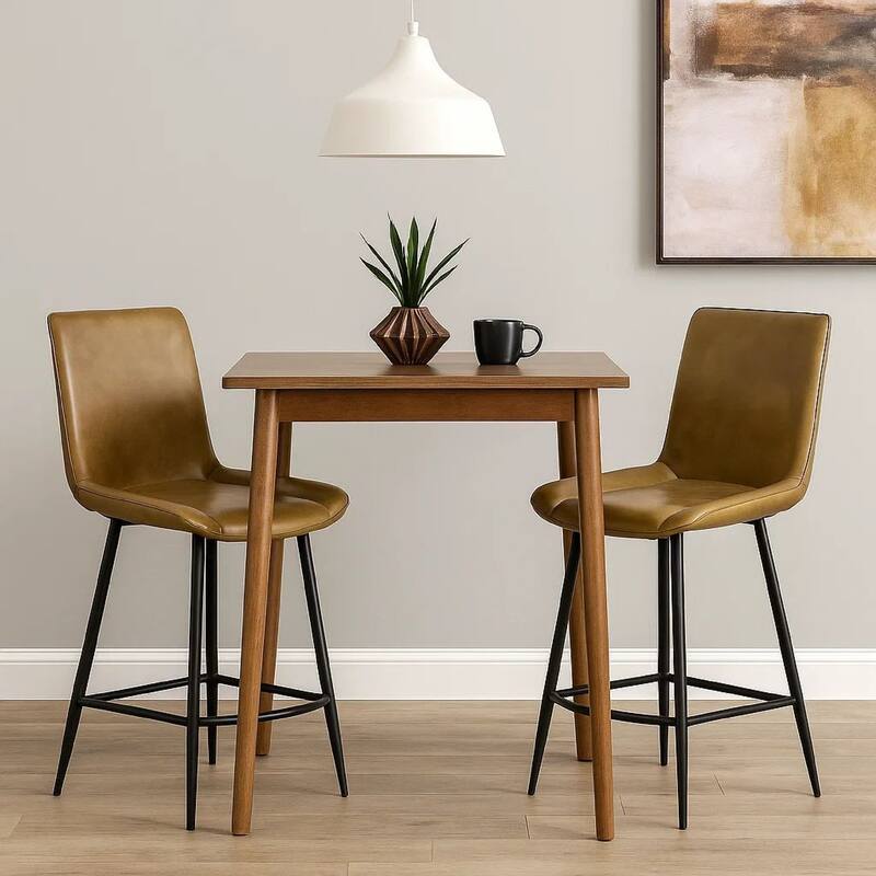 Isha Counter Stool Chair Set of 2, Brown Faux Leather, Black Iron