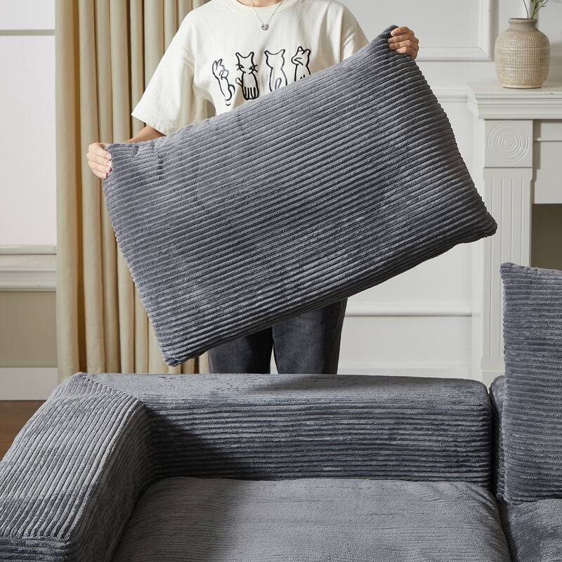 L-Shaped Sectional Sofa with Chaise Lounge, Corduroy Upholstered Boneless Couch, Module Corner Sofa with 3 Pillows