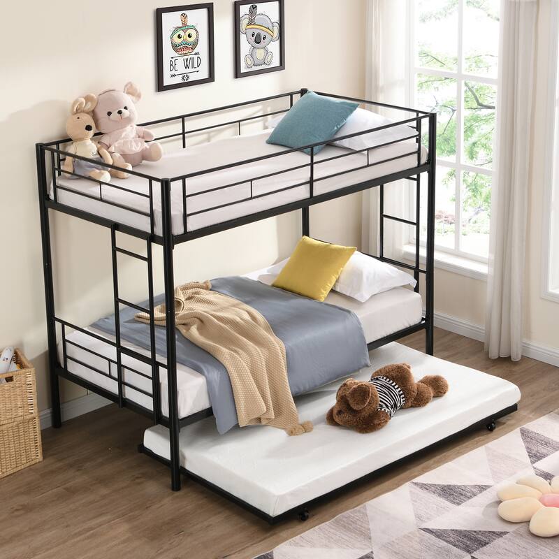 Space-Saving Twin Over Twin Metal Bunk Bed with Trundle, Black - Easy Assembly, No Box Spring Needed