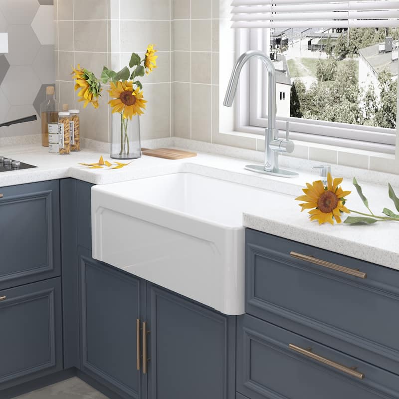 All-in-One Fireclay Farmhouse/Apron-Front Frame Design Reversible Installation Single Bowl Kitchen Sink with Kitchen Faucet Kit