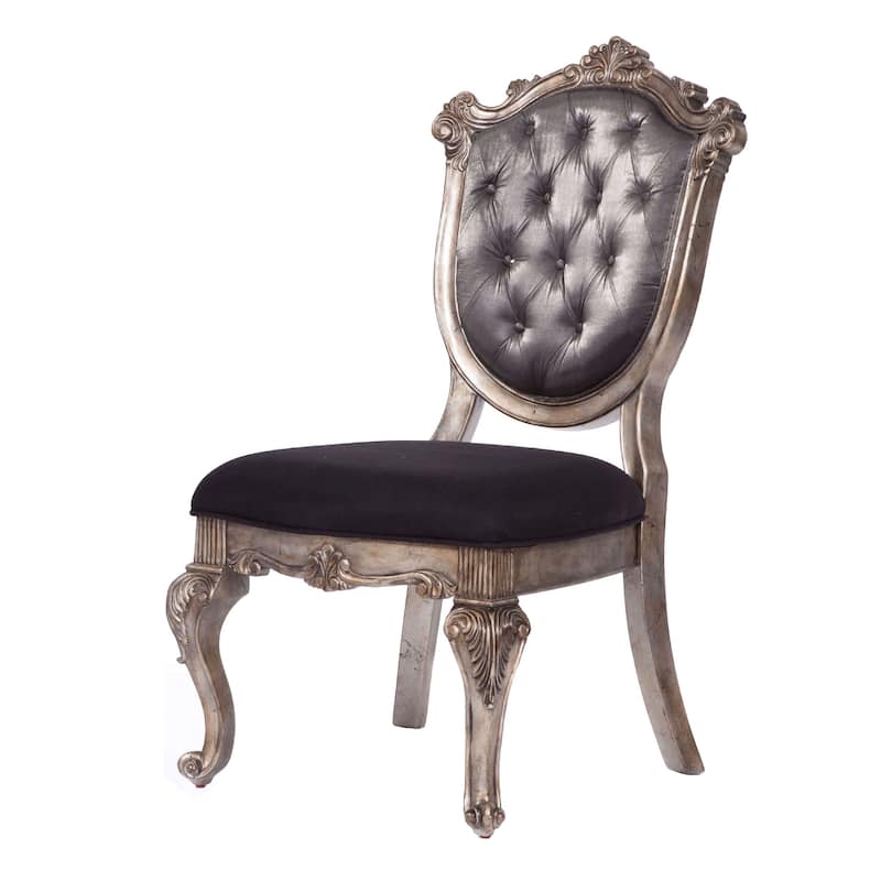 Wooden Side Chair with Cabriole Legs and Fabric Upholstered Seat, Gray and Silver, Set of Two