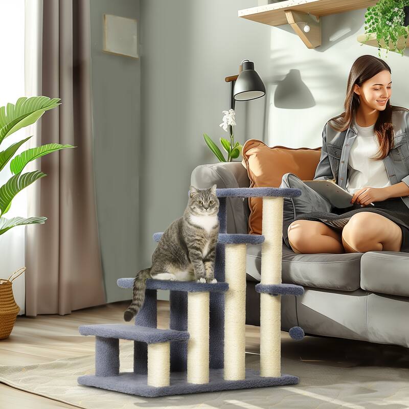 4 Levels Cat Steps, Pet Stairs Carpeted Ladder, Kitten Tree Climber with Scratching Posts, Hanging Play Ball, Side Step - Gray