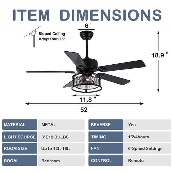 Cusp Barn 52 Inch Modern Caged Black Ceiling Fan with Light, Crystal Chandelier Fan, Quiet DC Motor Reversible Ceiling Fan