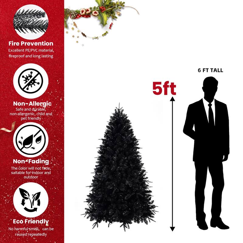 Pre-Lit Black Artificial Christmas Tree - White LED Lights, PE/PVC Branches, Hinged Structure, Metal Stand