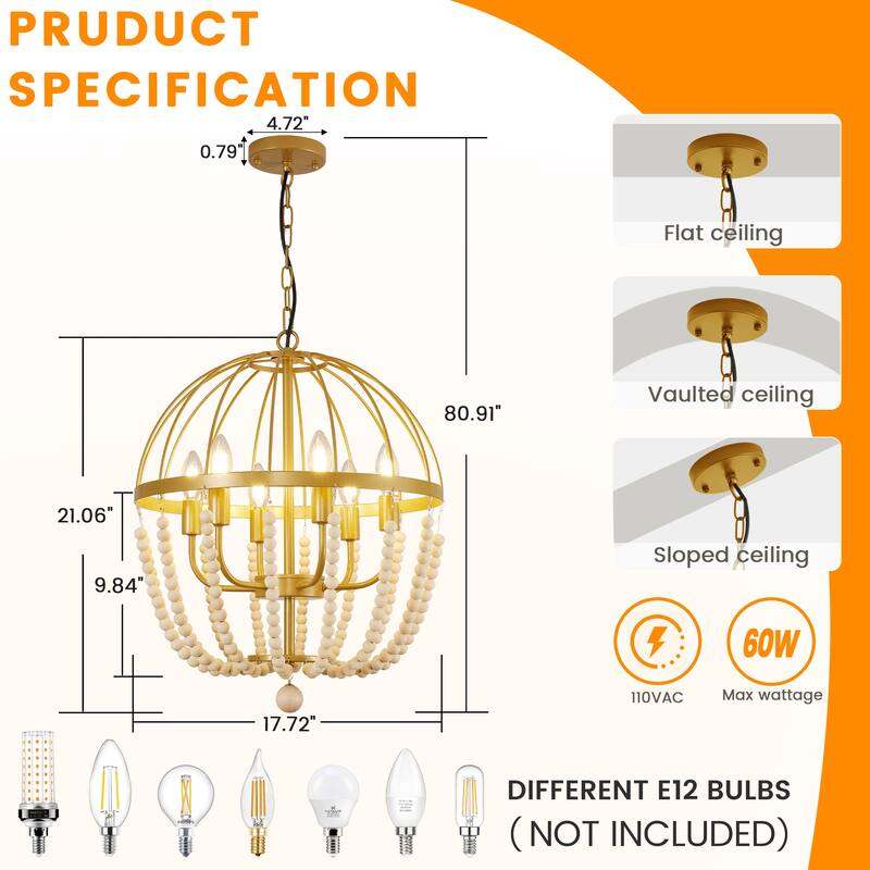 6-Light Metal Chandelier with Wooden Beads