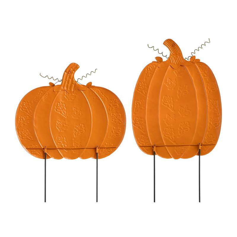 Glitzhome Set of 2 Fall Metal Embossed Glitter Pumpkin Porch Decor