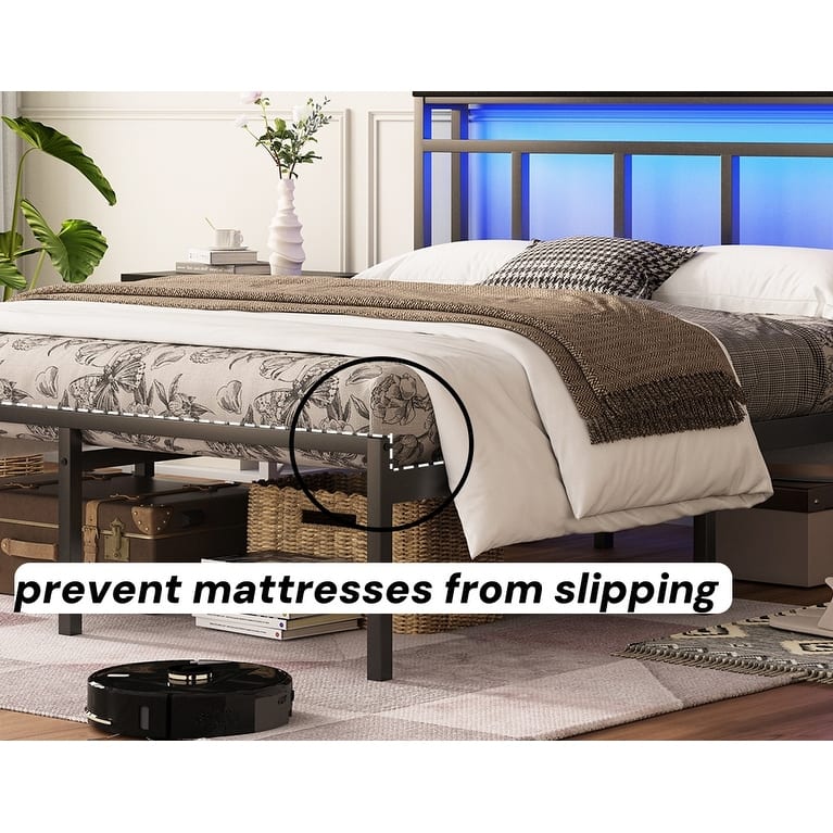 14 Inch Queen/Full/Twin Metal Platform Bed Frame with Storage Headboard, USB-C & LED Light
