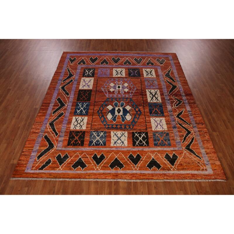 Orange Tribal Geometric Moroccan Oriental Rug Hand-Knotted Wool Carpet - 8'9" x 9'11"