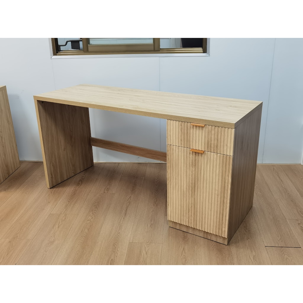 60" Executive Desk with Storage, Modern Home Office Desk with Drawer & Cabinet, Wood Fluted Computer Desks