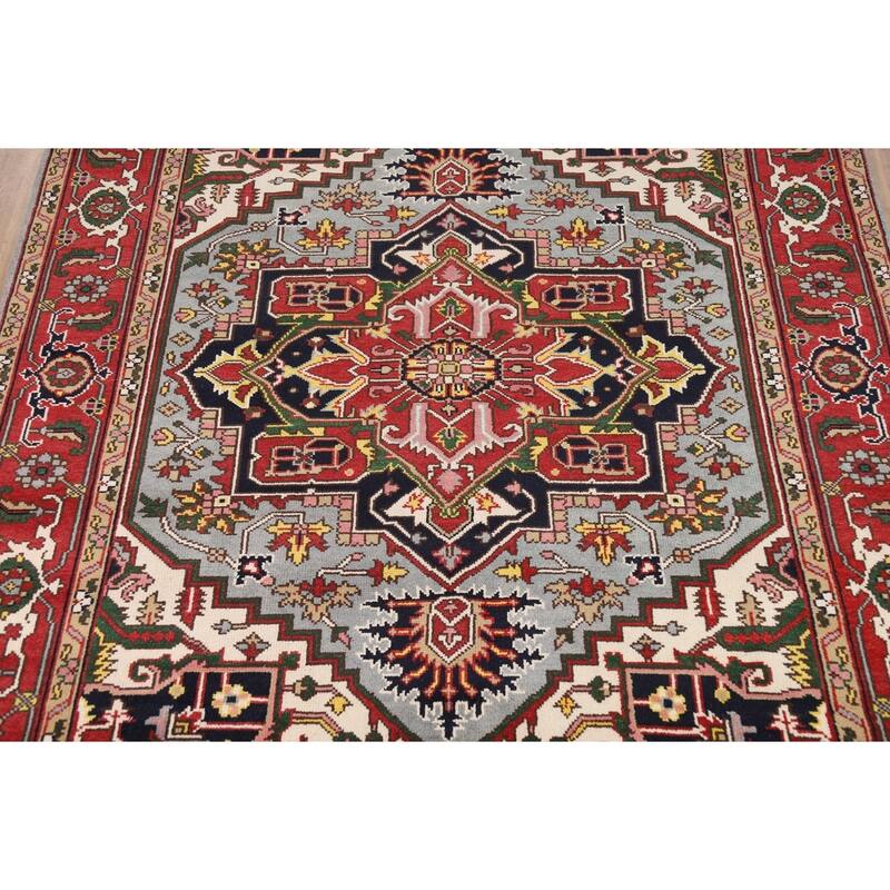 Light Blue Geometric Heriz Serapi Indian Area Rug Handmade Wool Carpet - 7'11"x 10'5"