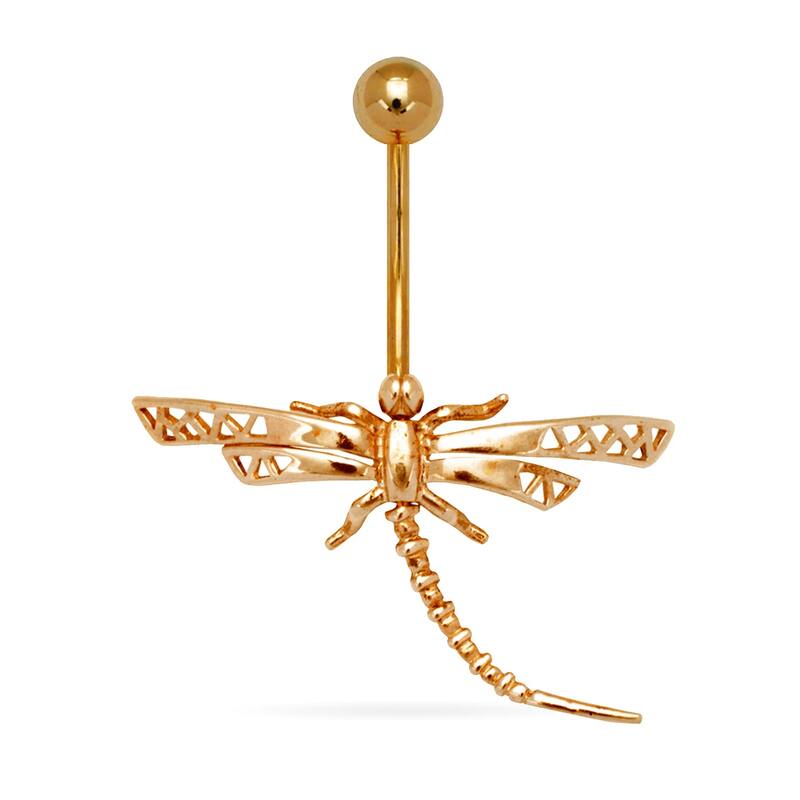 Curata 14k Yellow or White Gold 14-Gauge Dragonfly Drop Body Jewelry Belly Ring - Yellow Gold