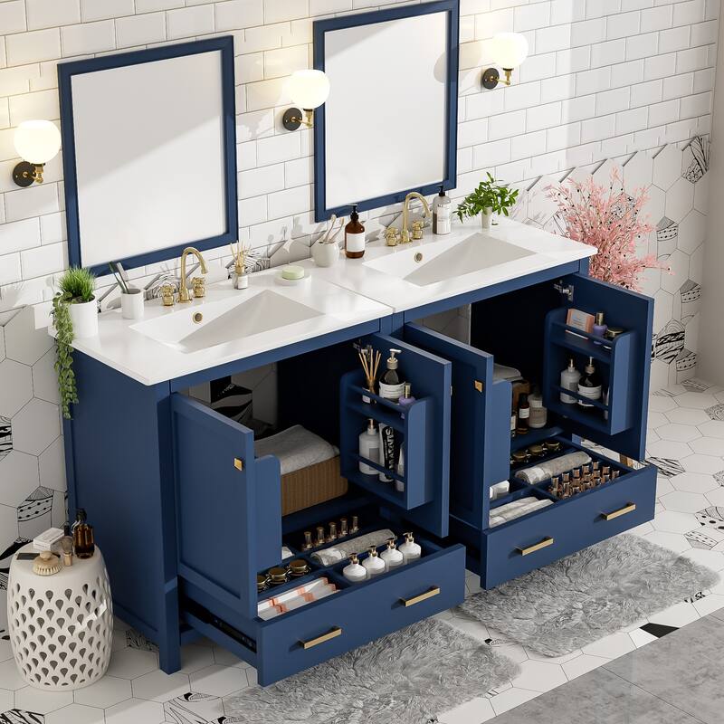 60" Bathroom Vanity Set with Double Freestanding Vanities, Double Ceramic Sinks, Door Organizers and Divided Drawers