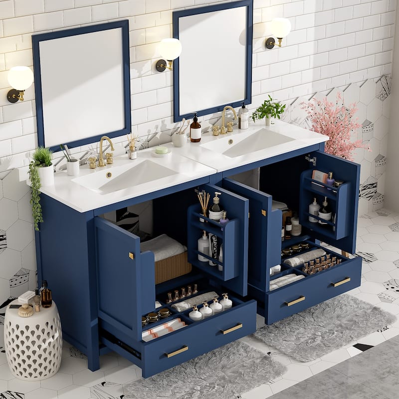 GDFStudio - Aurora Wood & Ceramic Bathroom Vanity Set with Sink and Divided Drawers - 60" - Blue