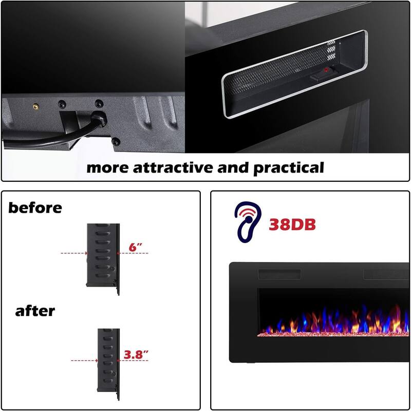 30-60" Recessed Wall Mounted Electric Fireplace, 750-1500W,Touch screen and Remote Control