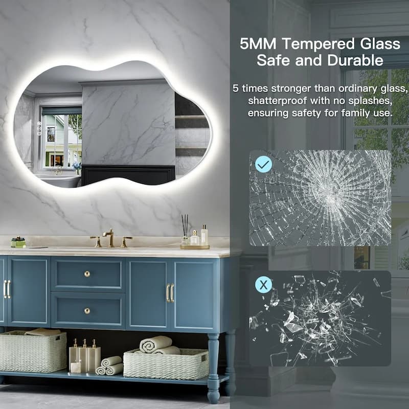 Irregular LED Anti-fog Tempered Glass Wall Bathroom Vanity Mirror, ETL Certified, 3-Year Warranty