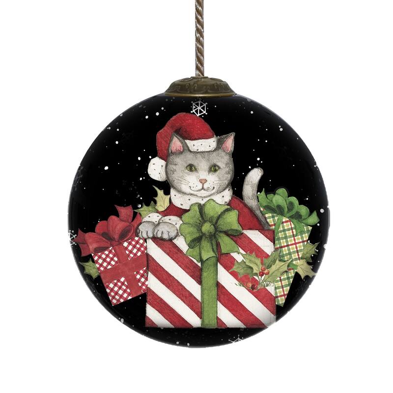 Christmas Cat with Presents Hand Painted Mouth Blown Glass Ornament - 3"x 3" x 3"
