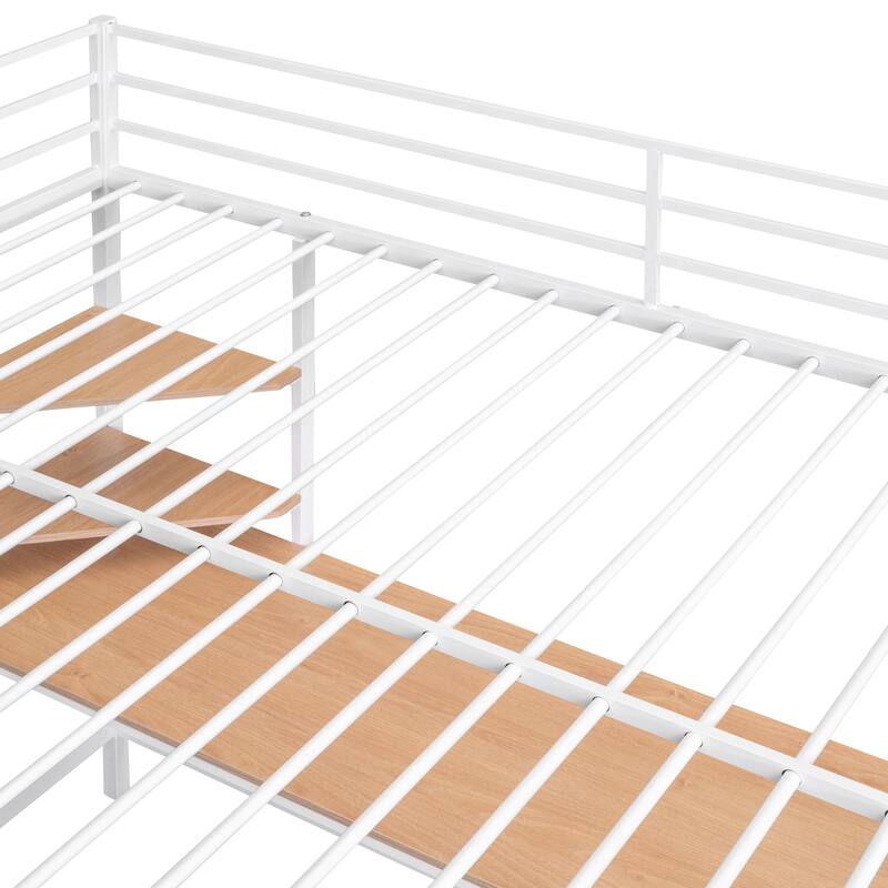 Full Size Metal Loft Bed with Desk and Shelves, White