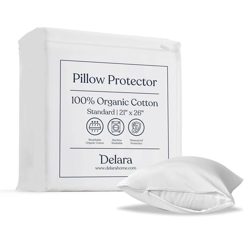 Delara GOTS Certified 100% Organic Cotton Pillow Protector Pack of 2, 300 Thread Count, Long Staple Cotton, Ultra Soft & Smooth - Standard