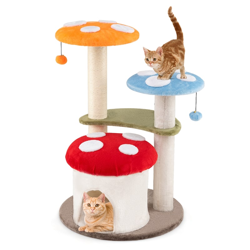 Colorful Mushroom Cat Tree with Multi-Level Platforms and Sisal Scratching Posts 35 Inch - Multi-color