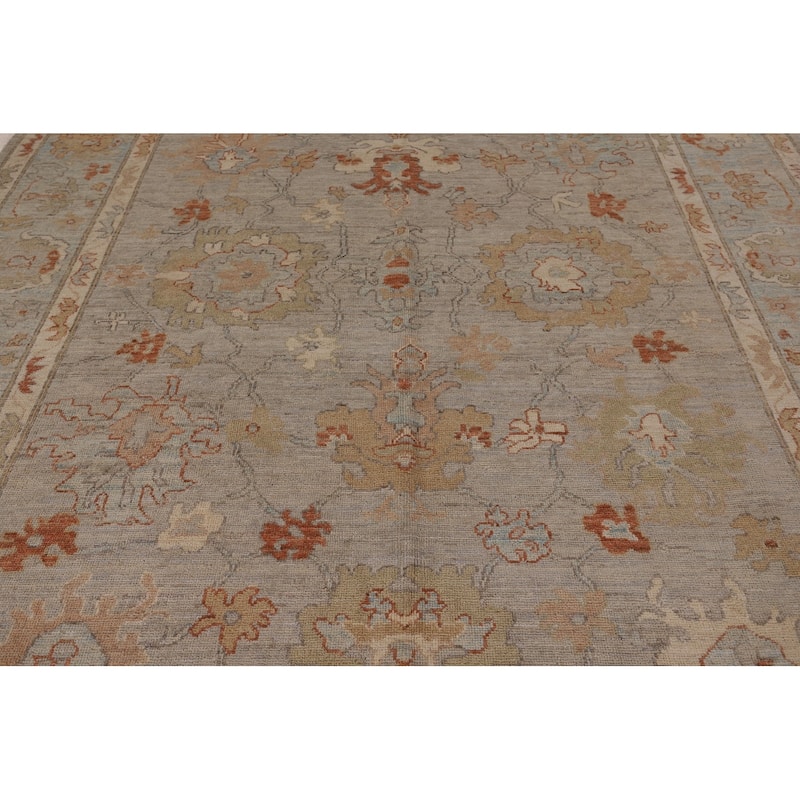 Vegetable Dye Oushak Area Rug Hand-Knotted Floral Beige Wool Carpet - 7'11" x 10'2"