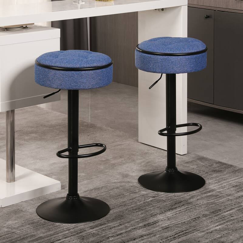 Adjustable Linen Bar Stools with Storage, Set of 2 Round Swivel Counter Height Stools, Modern Armless Bar Chairs for Kitchen - Blue