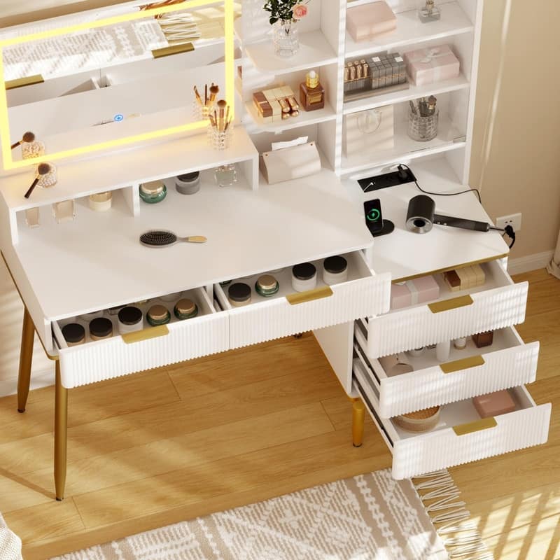Makeup Vanity Desk with Lighted Mirror, 5 Drawers, Storage Shelves, Power Outlets