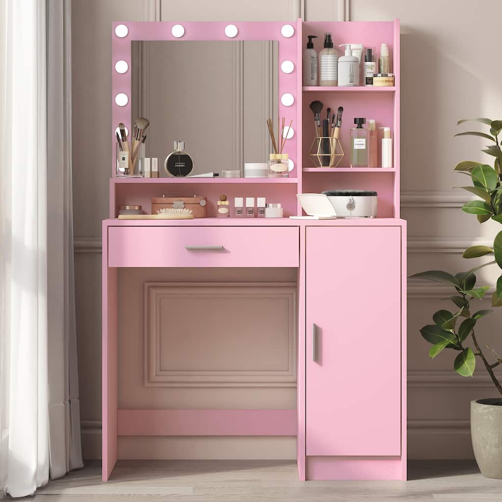 Makeup Vanity Desk with Mirror & Light, Bedroom Dressing Table