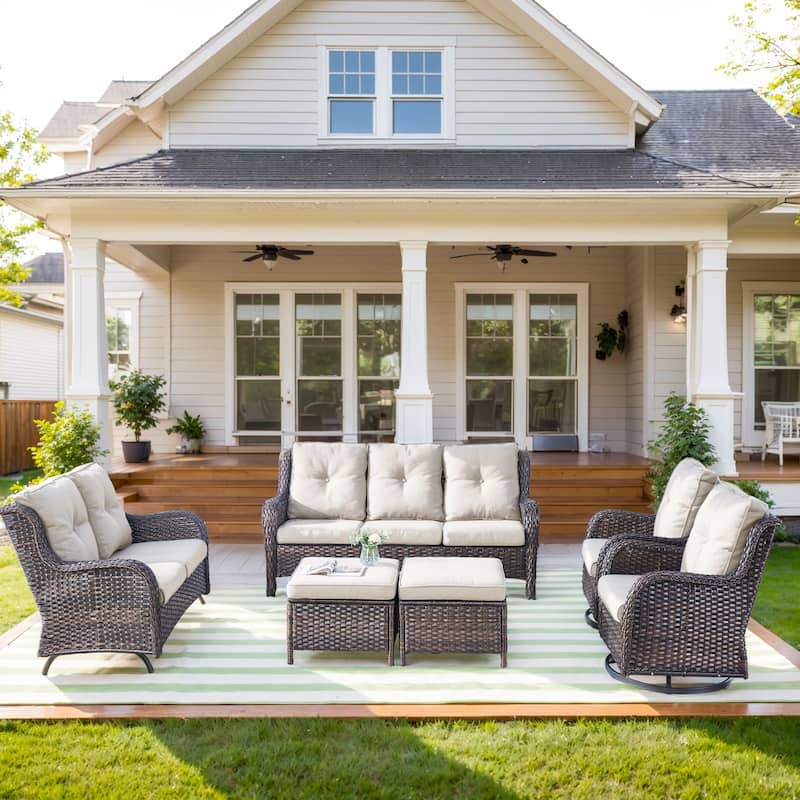 Outdoor Glider Loveseat Sofa Funitre Set - Brown Rattan - Beige Cushion - 6PCS Sofa Chair with Ottoman