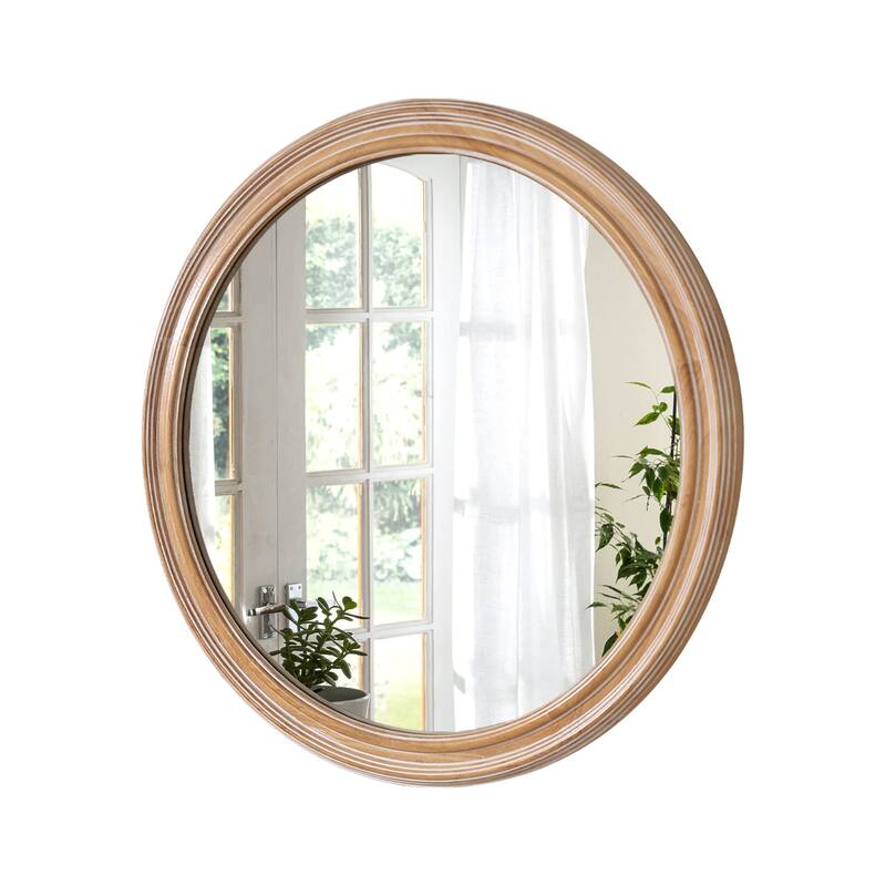 Round Wood Ribbed Detail Wall Mirror - Coastal & Farmhouse Decor for Bathroom, Entryway - Natural Wood