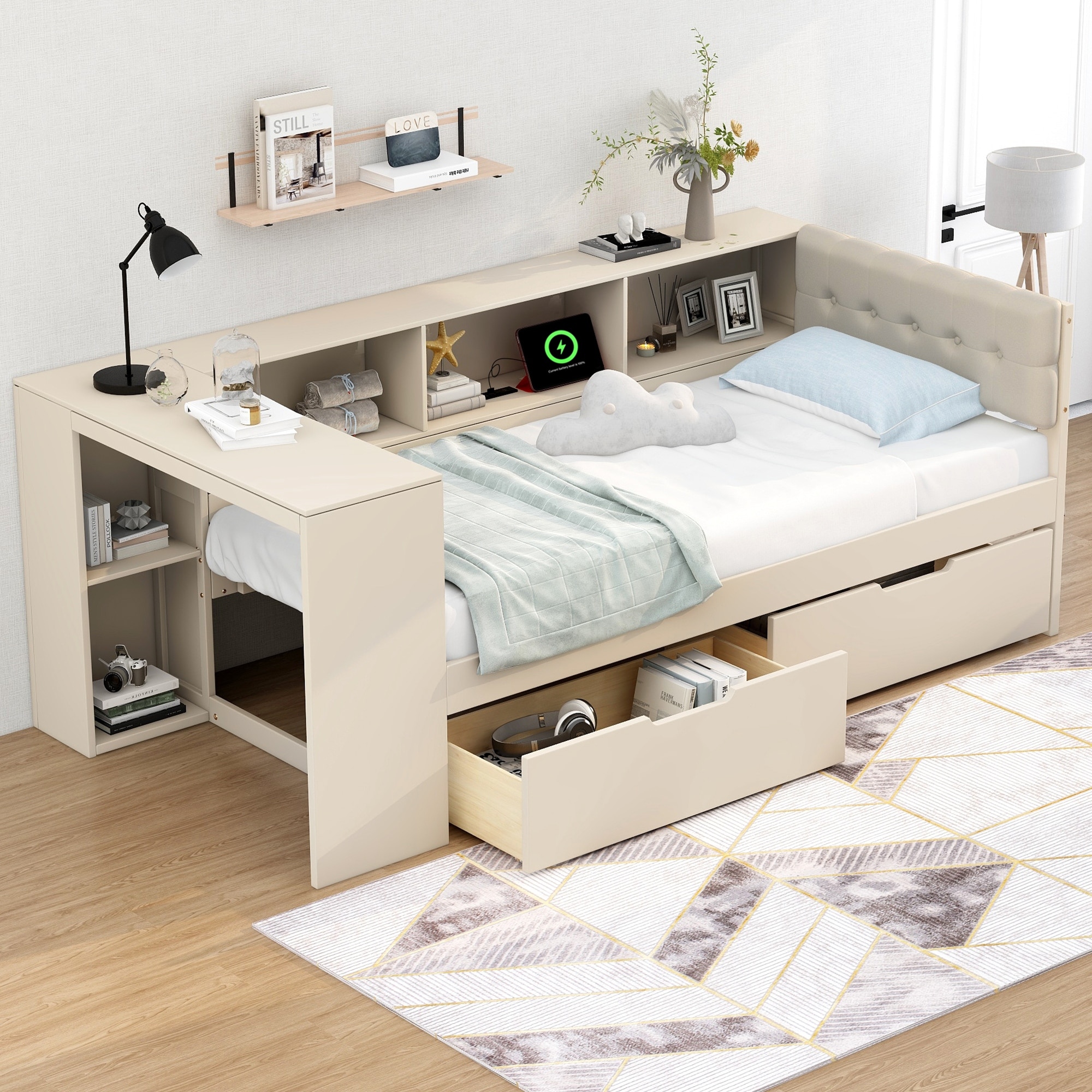 Wood Twin Size Platform Bed with Storage Shelves, Drawers, Charging Station and Upholstered Headboard