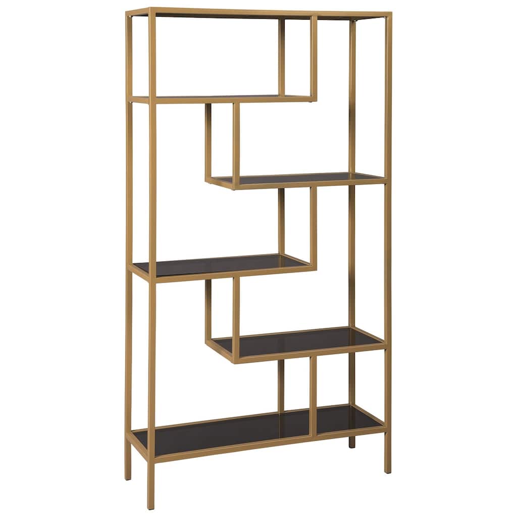 Metal Frame Bookcase with 5 Tiered Display Glass Shelves, Gold and Black - 70 H x 12 W x 36 L