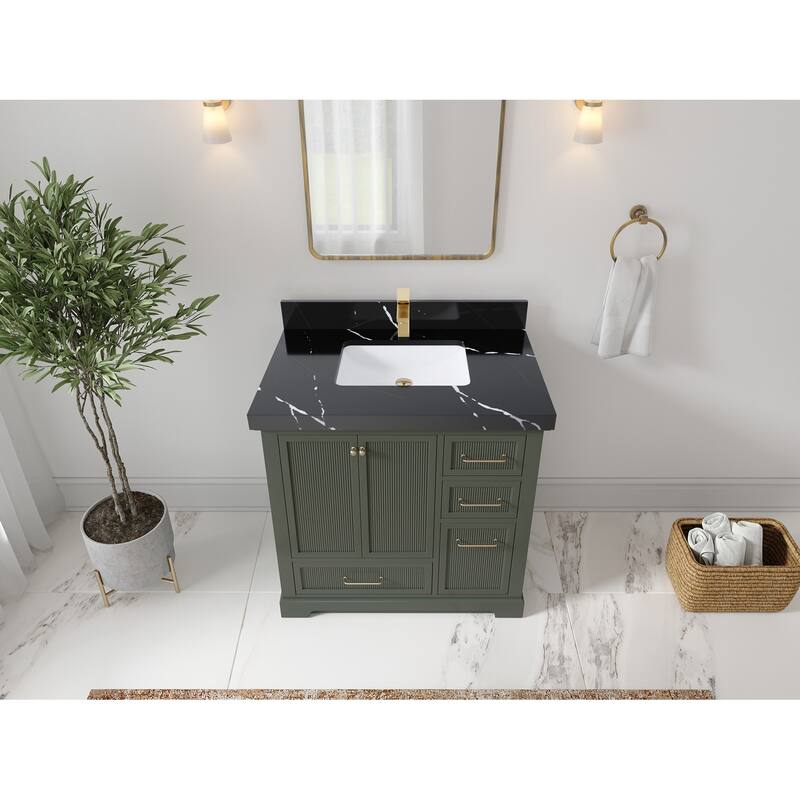Willow Collections 36 in. W x 22 in. D Alys Center Sink Left Bathroom Vanity with Countertop - 2"Calacatta Black - Pewtergreen
