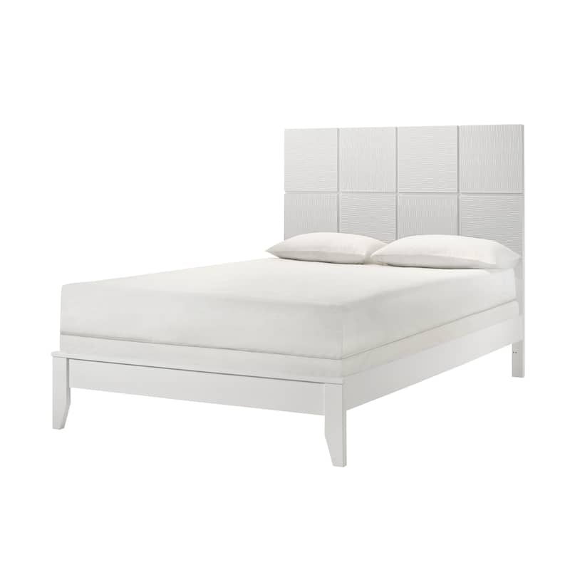 Queen Size Contemporary Bed with Geometric Headboard in Crisp White - White